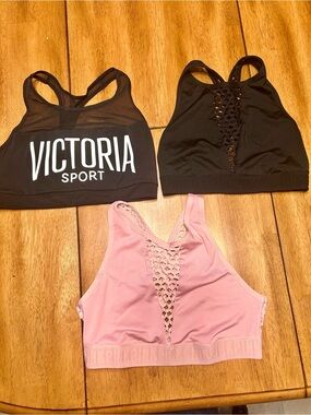 PINK Victoria's Secret Black & Pink Mesh-Detail Sports Bra Bundle Medium